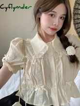 Cyflymder Sweet Blouses Women Lolita Style Kawaii Bow Puff Short Sleeve Crop Tops Girls French Lace Peter Pan Collar