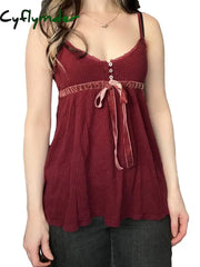 Cyflymder Sweet Bow Lace Camisoles Vintage Harajuku Chic Backless Red Tops Y2K Aesthetic Sleeveless Buttons Women’s