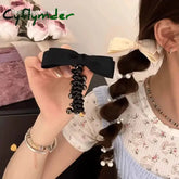 Cyflymder Sweet Elastic Spiral Shining Pearl Telephone Wire Hairband Bowknot Ponytails Braid Head Rubber Hair Tie Rope