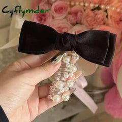 Cyflymder Sweet Elastic Spiral Shining Pearl Telephone Wire Hairband Bowknot Ponytails Braid Head Rubber Hair Tie Rope