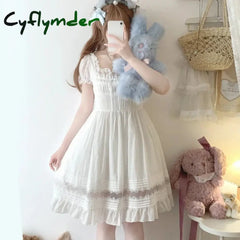 Cyflymder Sweet Elegant Lolita Mini Dress Women Japanese Kawaii Cute Lace Square Neck Fairy Dresses Korean Summer Party