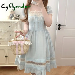 Cyflymder Sweet Elegant Lolita Mini Dress Women Japanese Kawaii Cute Lace Square Neck Fairy Dresses Korean Summer Party