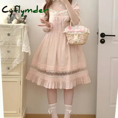 Cyflymder Sweet Elegant Lolita Mini Dress Women Japanese Kawaii Cute Lace Square Neck Fairy Dresses Korean Summer Party
