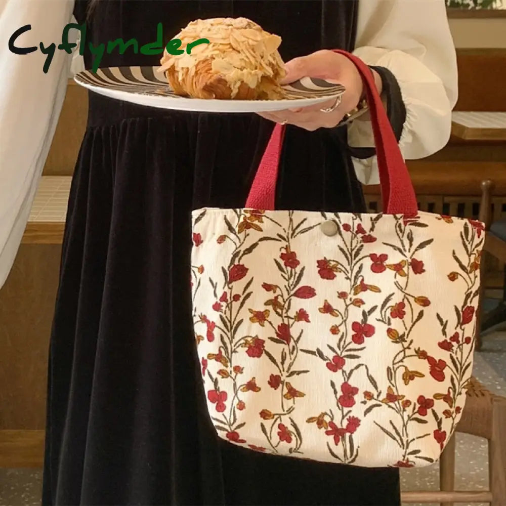 Cyflymder Sweet Embroidered Women’s Bag New Daisy Flower Canvas Handbag Snack Storage Bento Hand