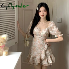 Cyflymder Sweet Floral Chiffon Dress Women Summer Elegant Princess Sleeves Ruffles Party Mini