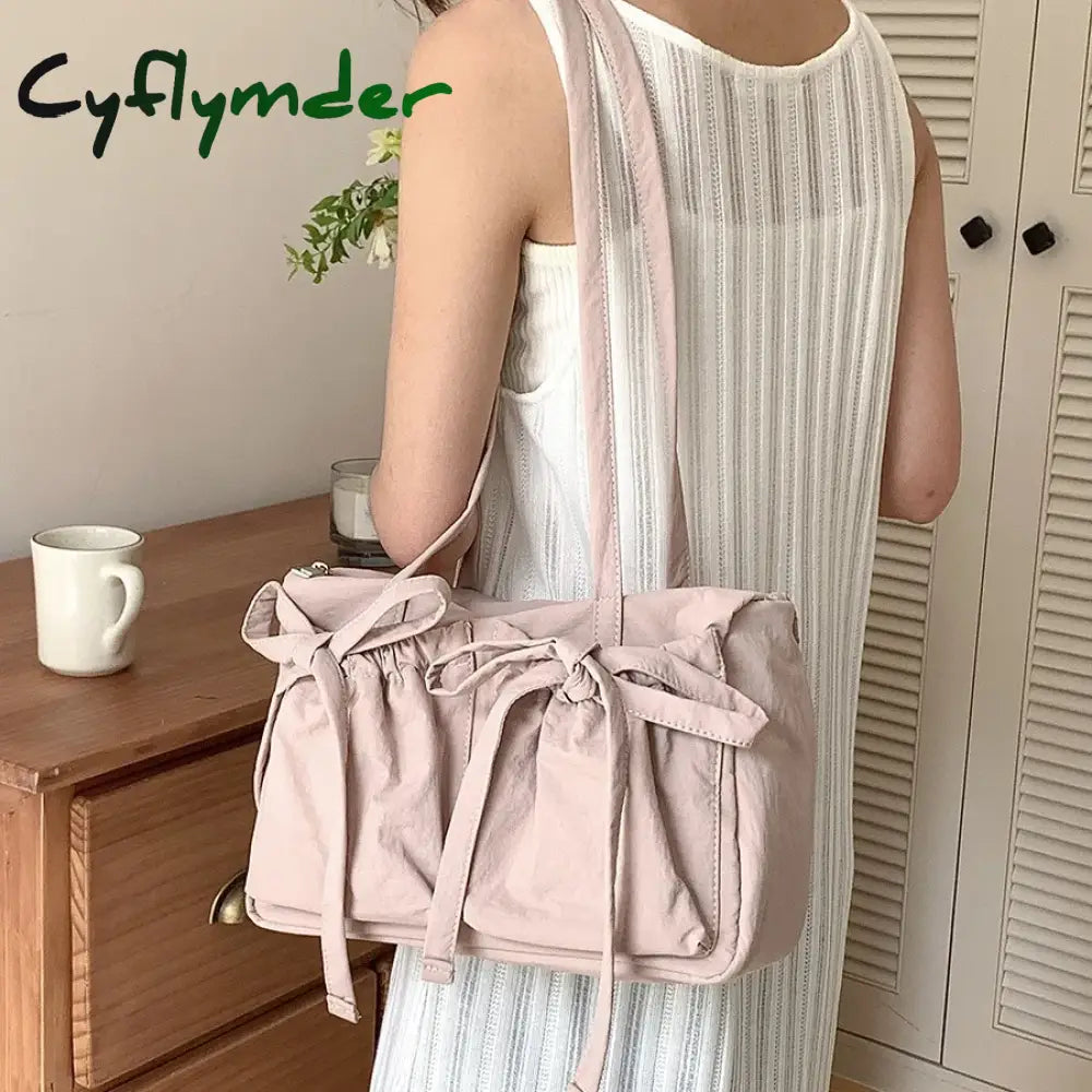 Cyflymder Sweet Girls Bowknot Nylon Shoulder Women Bag Korean Niche Design Bow Summer Travel Beach