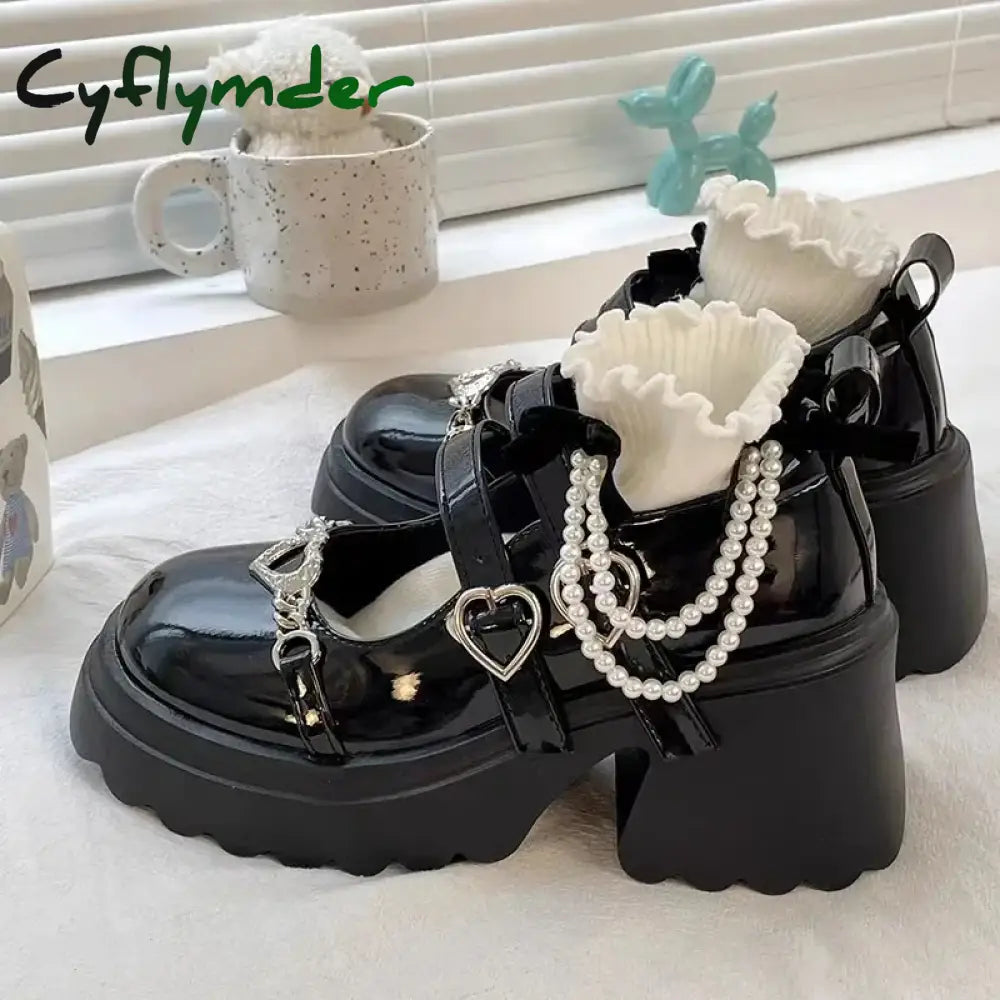 Cyflymder Sweet Heart-Shaped Buckle Lolita Shoes Women Patent Leather Platform Mary Janes Woman Metal Decoration Chunky