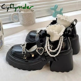 Cyflymder Sweet Heart-Shaped Buckle Lolita Shoes Women Patent Leather Platform Mary Janes Woman Metal Decoration Chunky
