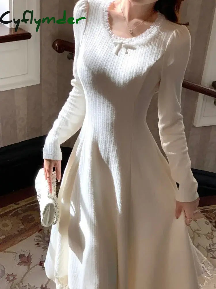 Cyflymder Sweet Irregular Long Knitted Dress Women Autumn Warm Slim Korean Party Dress Female Fashion Elegant Beach