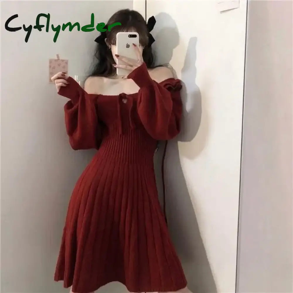 Cyflymder Sweet Knitted Dress Women Autumn Winter Elegant Dress Female Red French Style Party Dress Clothes Lady