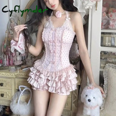 Cyflymder Sweet Lolita Style 2 Piece Set Women Kawaii Bow Lace Halter Neck Tops Ruffles Mini Cake
