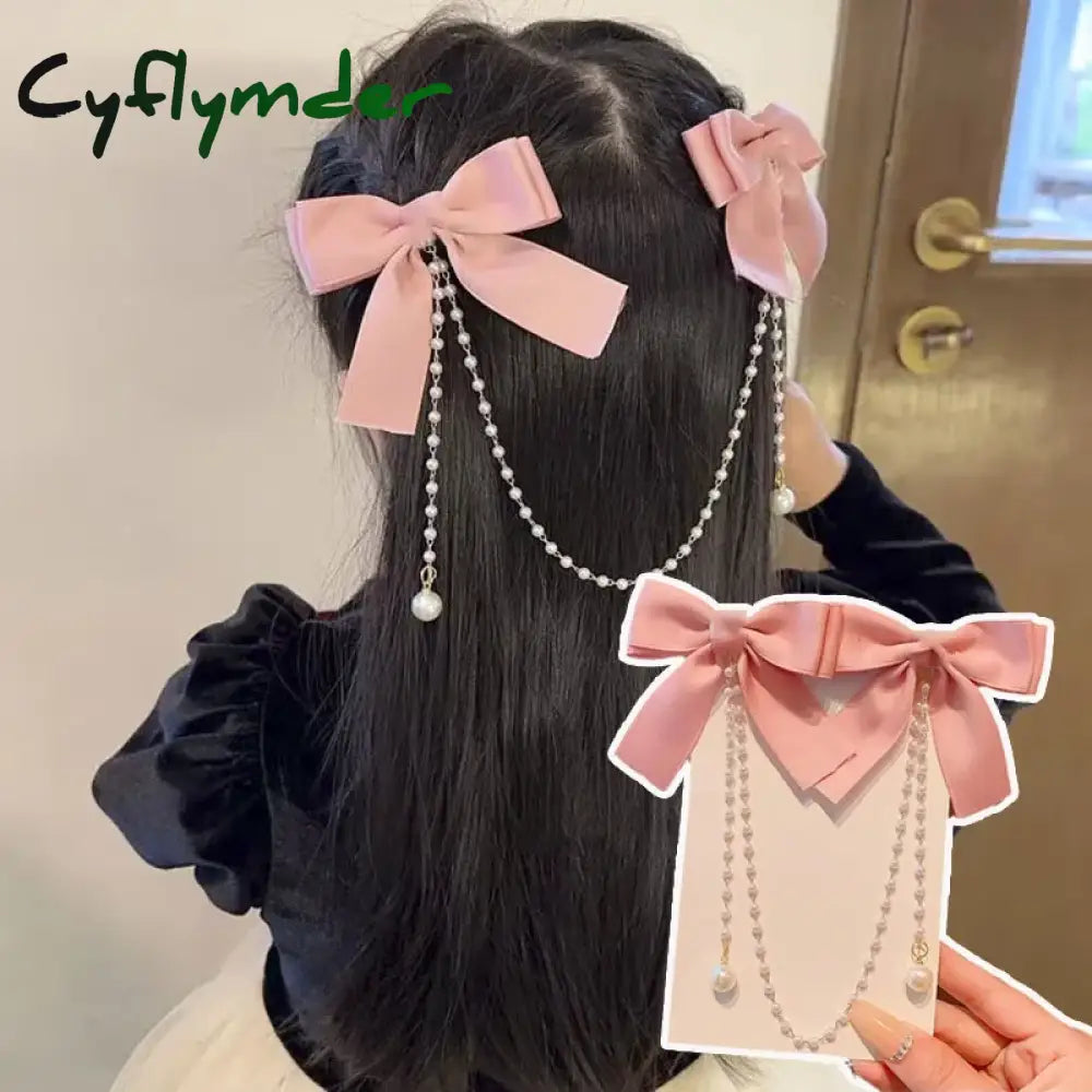 Cyflymder Sweet Princess Style Pink Pearls Chain Bow Hair Clip Women Children’s Cute Back Head Hairpins Hair Clips
