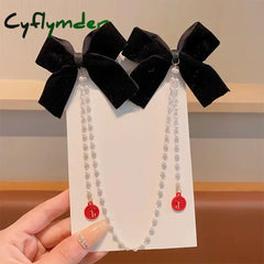 Cyflymder Sweet Princess Style Pink Pearls Chain Bow Hair Clip Women Children’s Cute Back Head Hairpins Hair Clips