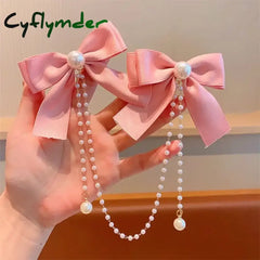 Cyflymder Sweet Princess Style Pink Pearls Chain Bow Hair Clip Women Children’s Cute Back Head Hairpins Hair Clips