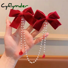 Cyflymder Sweet Princess Style Pink Pearls Chain Bow Hair Clip Women Children’s Cute Back Head Hairpins Hair Clips