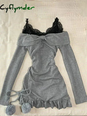 Cyflymder Sweet Sexy Lace Patchwork Black Camisole Dress for Women + Long Sleeve Slim Fit Tops Mujer Autumn New Two