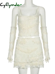 Cyflymder Sweet Tie Floral Dress Set Women Sexy Slim 2 Piece Sets Slash Neck Sleeveless Camis Tops Mid-Waisted Mini