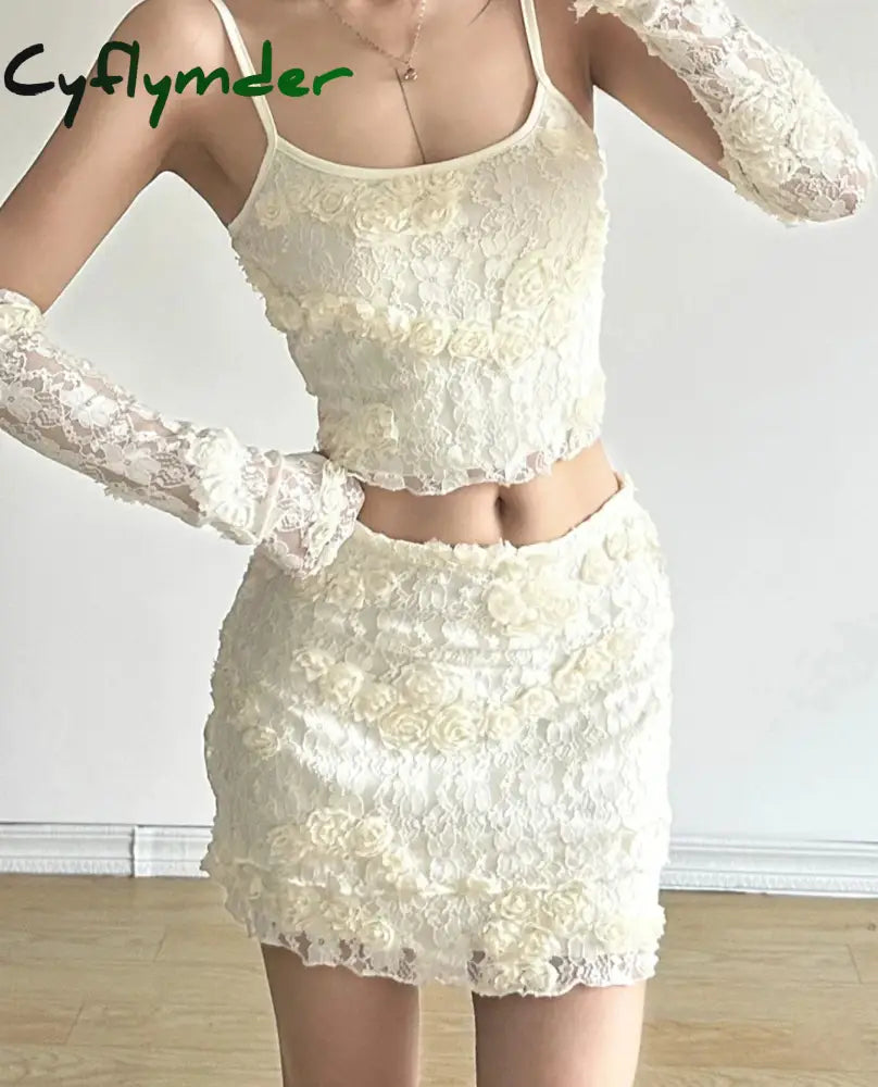 Cyflymder Sweet Tie Floral Dress Set Women Sexy Slim 2 Piece Sets Slash Neck Sleeveless Camis Tops Mid-Waisted Mini