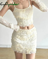 Cyflymder Sweet Tie Floral Dress Set Women Sexy Slim 2 Piece Sets Slash Neck Sleeveless Camis Tops Mid-Waisted Mini