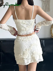 Cyflymder Sweet Tie Floral Dress Set Women Sexy Slim 2 Piece Sets Slash Neck Sleeveless Camis Tops Mid-Waisted Mini