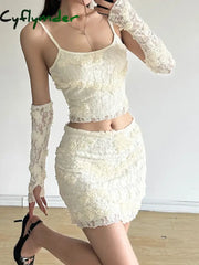 Cyflymder Sweet Tie Floral Dress Set Women Sexy Slim 2 Piece Sets Slash Neck Sleeveless Camis Tops Mid-Waisted Mini