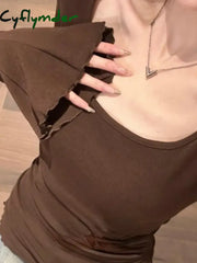 Cyflymder Sweet Vintage Square Collar T-shirts Y2k E-Girl Slim Fit Ruched Bottoming Tops Women Spring New Flare Sleeve
