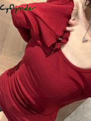 Cyflymder Sweet Vintage Square Collar T-shirts Y2k E-Girl Slim Fit Ruched Bottoming Tops Women Spring New Flare Sleeve