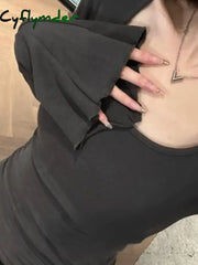 Cyflymder Sweet Vintage Square Collar T-shirts Y2k E-Girl Slim Fit Ruched Bottoming Tops Women Spring New Flare Sleeve