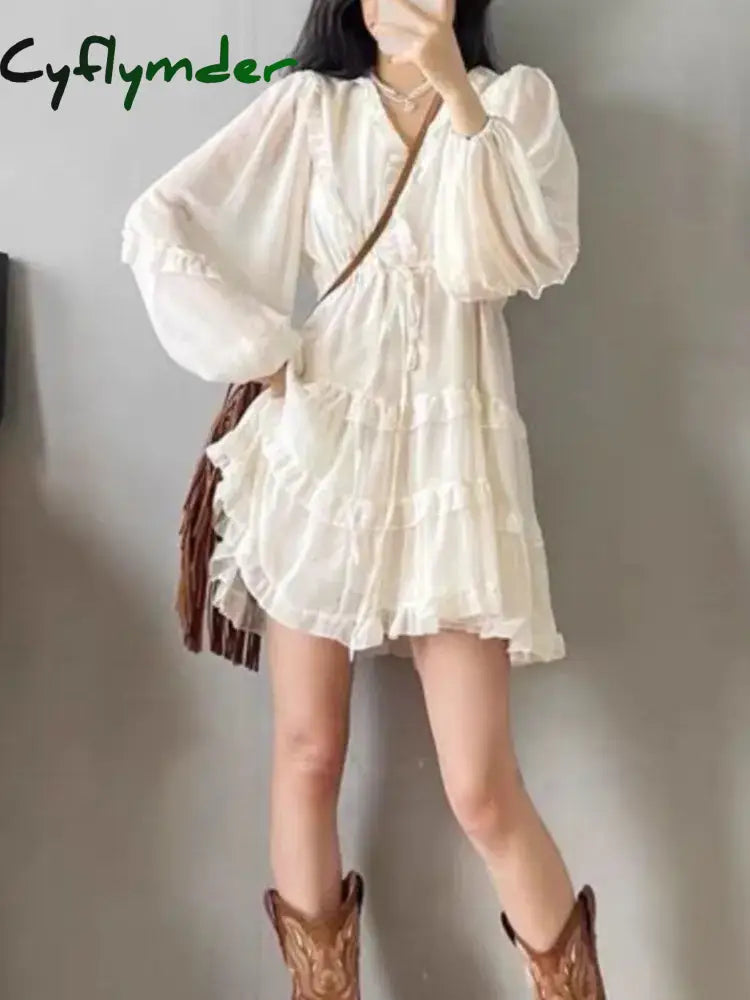 Sweet White Chiffon Long Sleeve V-Neck Waisted Dress vestido de noiva princesa luxo robe blanche Wedding Prom Dress