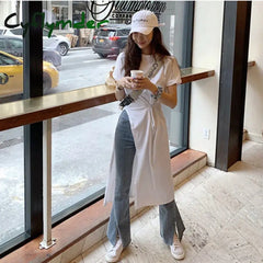 Cyflymder T Shirt Dress Women Oversized Slit Irregular White Dresses Summer Korean Streetwear Split
