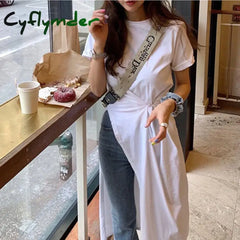 Cyflymder T Shirt Dress Women Oversized Slit Irregular White Dresses Summer Korean Streetwear Split