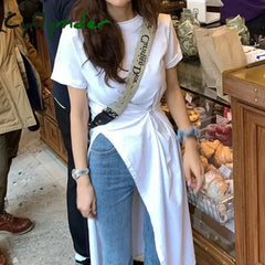 Cyflymder T Shirt Dress Women Oversized Slit Irregular White Dresses Summer Korean Streetwear Split