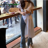 T Shirt Dress Women Oversized Slit Irregular White Dresses Summer Korean Streetwear Split Button Pleated Casual Robe