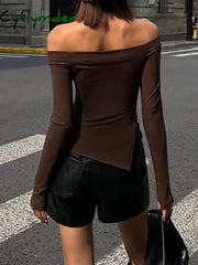 Cyflymder - Terracotta Off Shoulder Long Sleeve Shirt T-Shirts