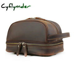 Cyflymder Thick Leather Clutch Bag Mens Wash Bag Storage Genuine Leather Toiletry Kits Real Cowskin