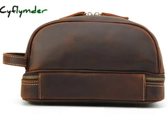 Cyflymder Thick Leather Clutch Bag Mens Wash Bag Storage Genuine Leather Toiletry Kits Real Cowskin