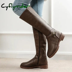 Cyflymder Thigh High Boots Brown Women Vintage Leather Square Heel Zipper Knee Height Buckle Boot Keep Warm Round Toe