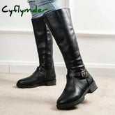 Cyflymder Thigh High Boots Brown Women Vintage Leather Square Heel Zipper Knee Height Buckle Boot Keep Warm Round Toe