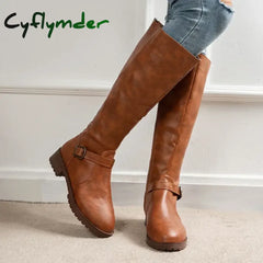 Cyflymder Thigh High Boots Brown Women Vintage Leather Square Heel Zipper Knee Height Buckle Boot Keep Warm Round Toe