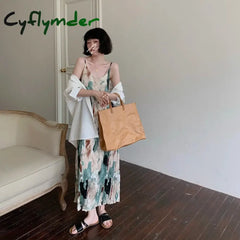Cyflymder Tie Dye Long Slip Maxi Dresses For Women Chiffon Spaghetti Strap Summer Ruched Dress