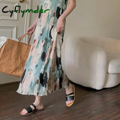 Cyflymder Tie Dye Long Slip Maxi Dresses For Women Chiffon Spaghetti Strap Summer Ruched Dress