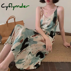 Cyflymder Tie Dye Long Slip Maxi Dresses For Women Chiffon Spaghetti Strap Summer Ruched Dress