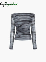 Cyflymder - Tie Dye Off Shoulder Mesh Long Sleeve Shirt T-Shirts