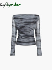 Cyflymder - Tie Dye Off Shoulder Mesh Long Sleeve Shirt T-Shirts