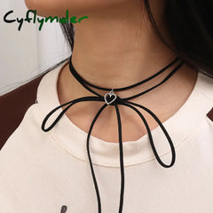 Cyflymder Tie Up Rope Heart Necklace For Women Minimal Hollow Pendant Choker Bohemiean Clavicle