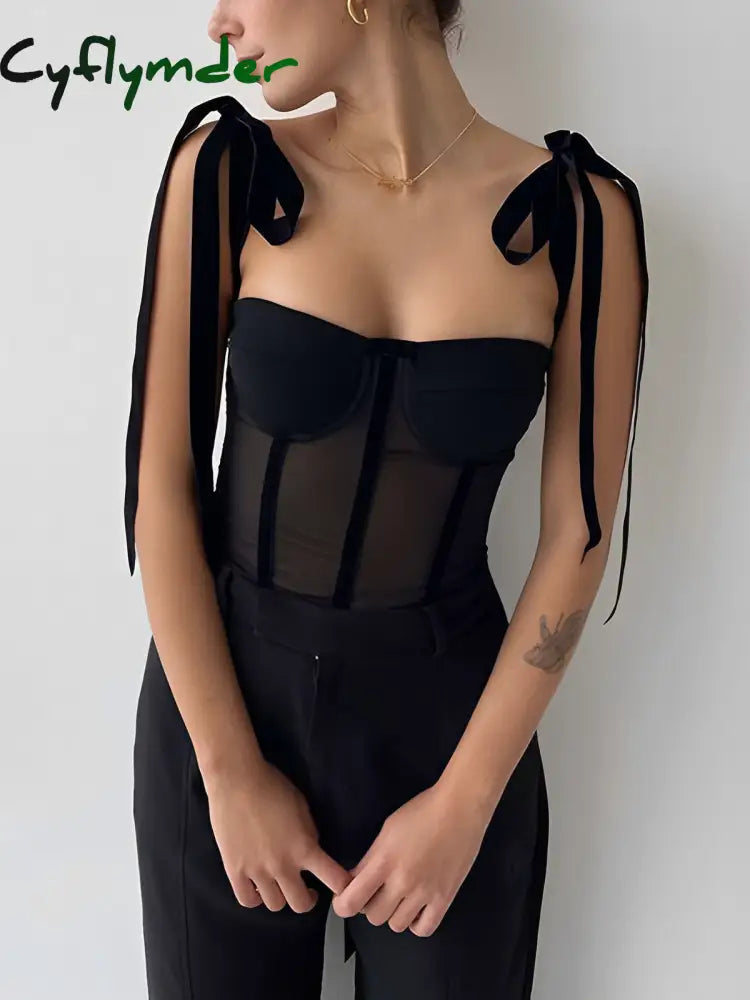 Cyflymder - Tied Mesh Corset Crop Top Black / Xs Tank Tops & Camis