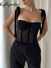 Cyflymder - Tied Mesh Corset Crop Top Tank Tops & Camis