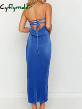 Cyflymder - Tied Open Back Plisse Tube Long Dress Blue / S Dresses