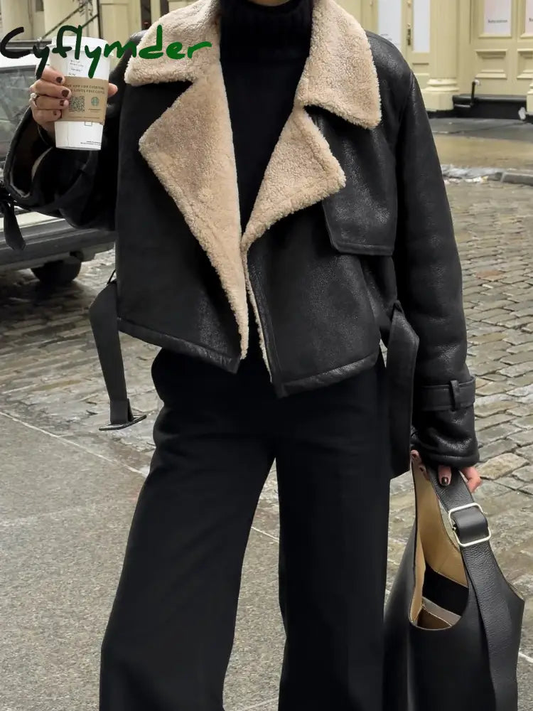 Cyflymder - Too Blessed Sherpa Lined Shearling Leather Flight Jacket Black / Xs Fleece Jackets