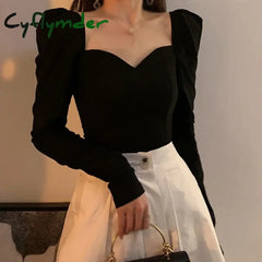 Cyflymder Tops for Women Long Sleeves Puff Sleeves Casual T Shirt Solid Color Square Neck T-shirts